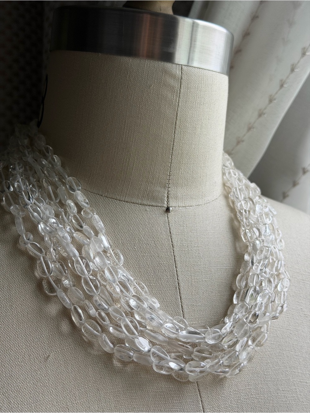 Rock Crytal Semi-Precious Clear Beads Multi-Strand Necklace 925 Sterling Silver